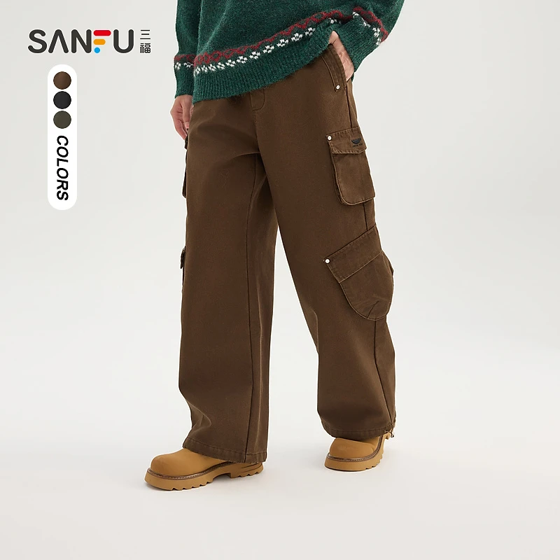 三福2024冬季男士口袋工装休闲裤 时尚宽松大直筒裤子495095