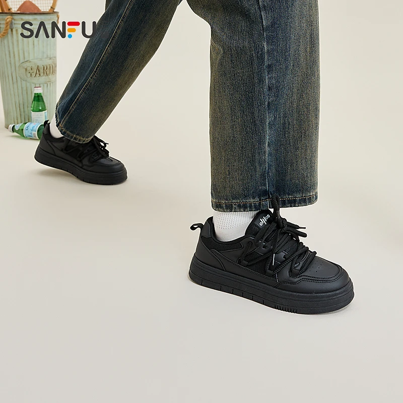 三福低帮板鞋男春季街头网面拼接双鞋绳纯黑休闲男鞋839514