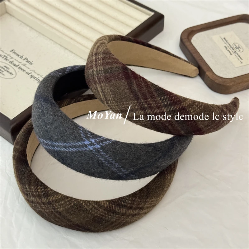 高级感藏青蓝灰格纹宽边发箍简约高颅顶海绵时尚头箍秋冬气质发卡