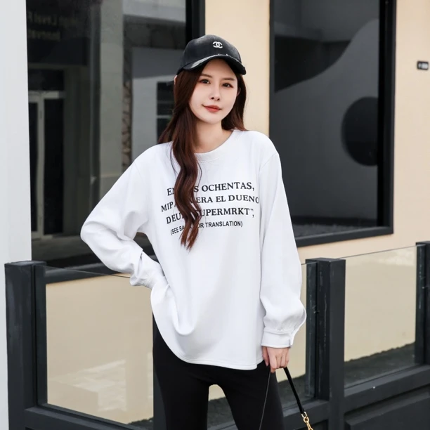 韩版上衣印花白色加绒加厚打底单穿显瘦百搭休闲时尚女T恤卫衣