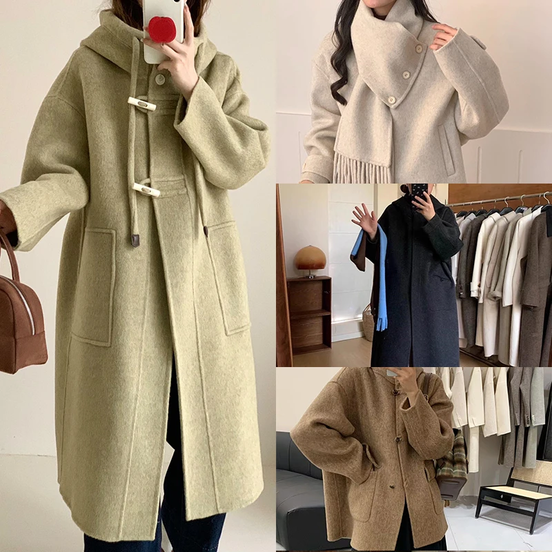 高级感连帽长款2024年新款双面羊毛大衣女牛角扣加厚羊毛外套