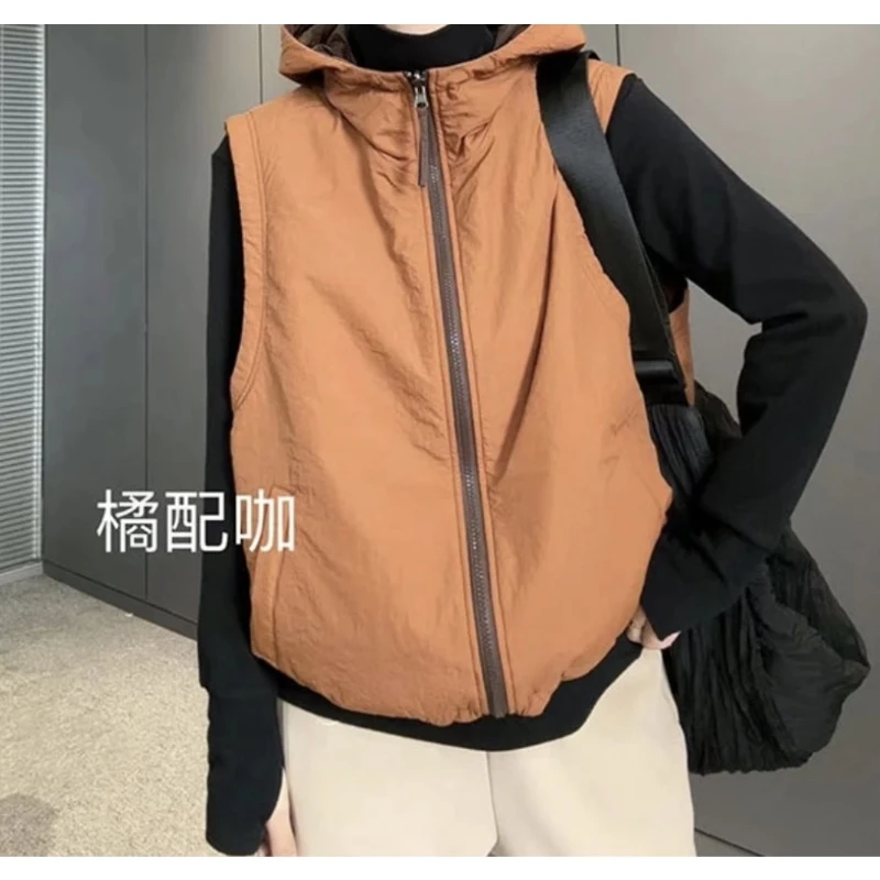 欧货太古拉链连帽轻薄夹棉马甲女2023年秋冬季新款宽松两面穿背心