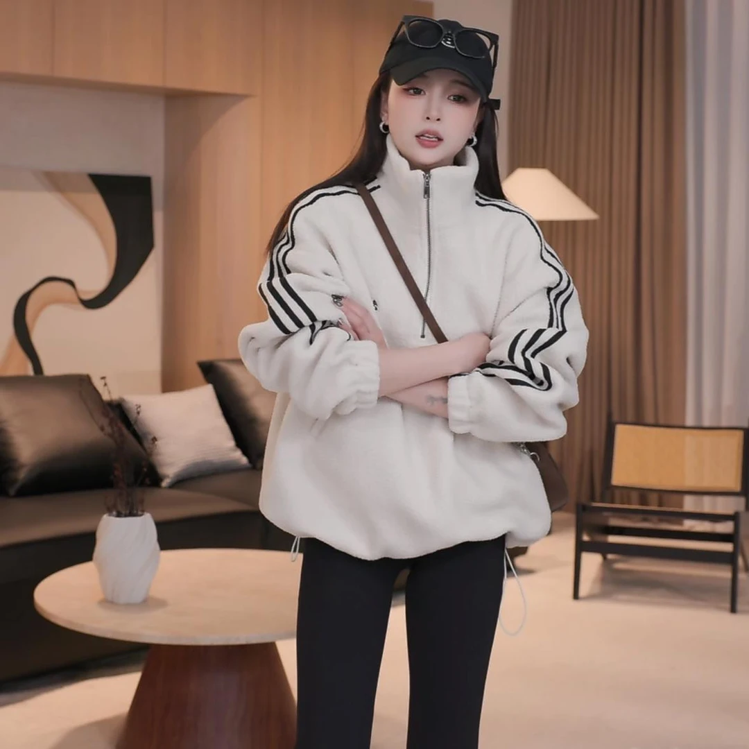 半拉链立领三条杠卫衣女2024冬季新款时尚宽松字母刺绣加绒上衣厚