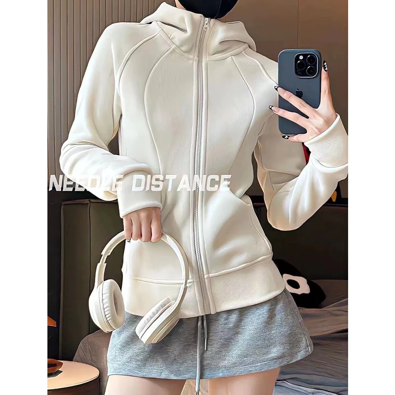 东大门立体剪裁双面绒连帽卫衣女2023秋冬时尚高领休闲运动外套