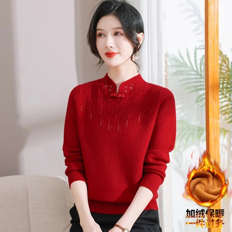 一体绒妈妈装半高领针织长袖洋气时尚加绒加厚保暖秋冬季绣花打底