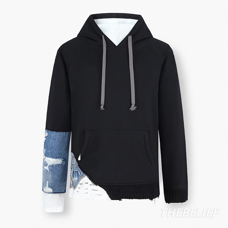 THEBELIEF/L11#奢潮重工破坏水洗牛仔拼接做旧重磅连帽针织卫衣