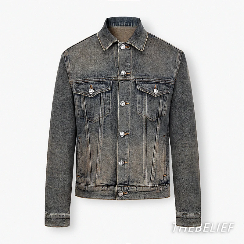 THEBELIEF/23567#泥染水洗做旧牛仔外套男高街重磅休闲夹克男