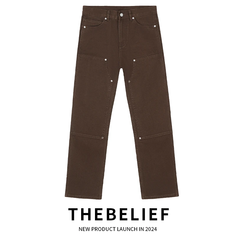 23637#美式复古洗水深棕色vibe无弹宽松直筒工装男牛仔裤子