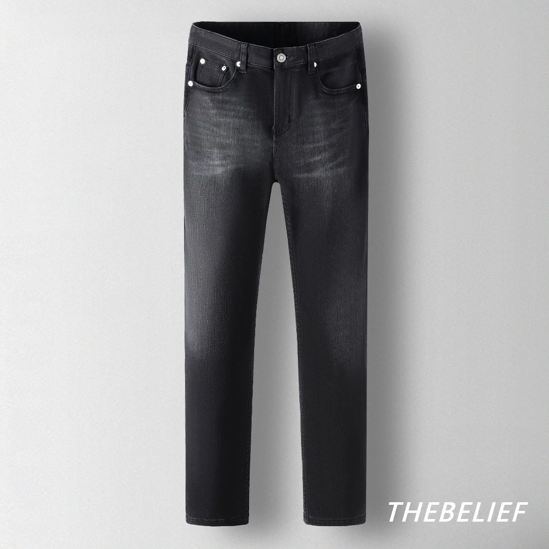 THEBELIEF/22431B#加绒13.8OZ黑灰色水洗弹力修身小直筒牛仔裤