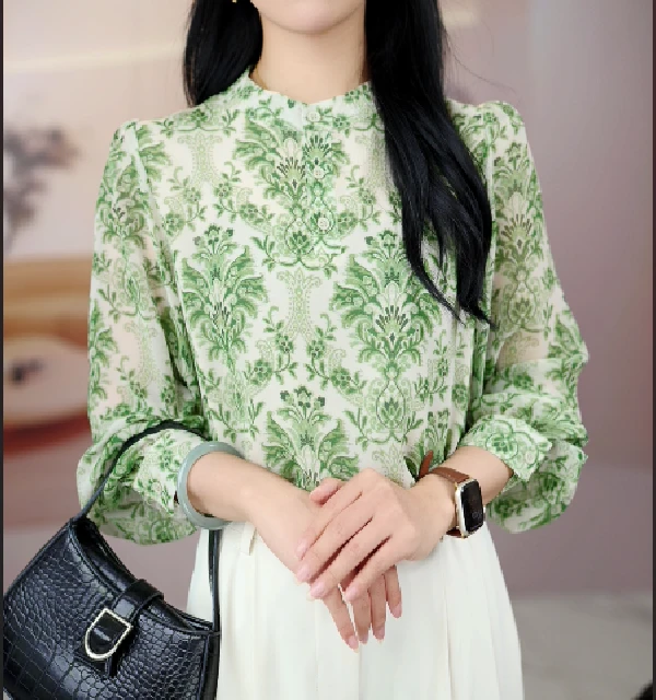 青枝绿叶2024年秋季新款衬衫女士长袖衬衣时尚印花气质上衣