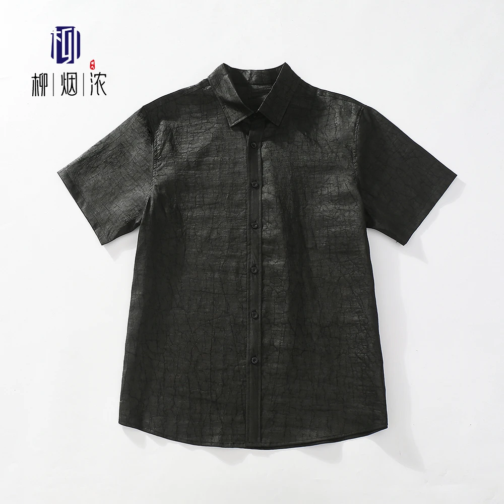 【柳烟浓】100%桑蚕丝黑色龟裂纹短袖衬衫男士新中式衬衣夏季中国风
