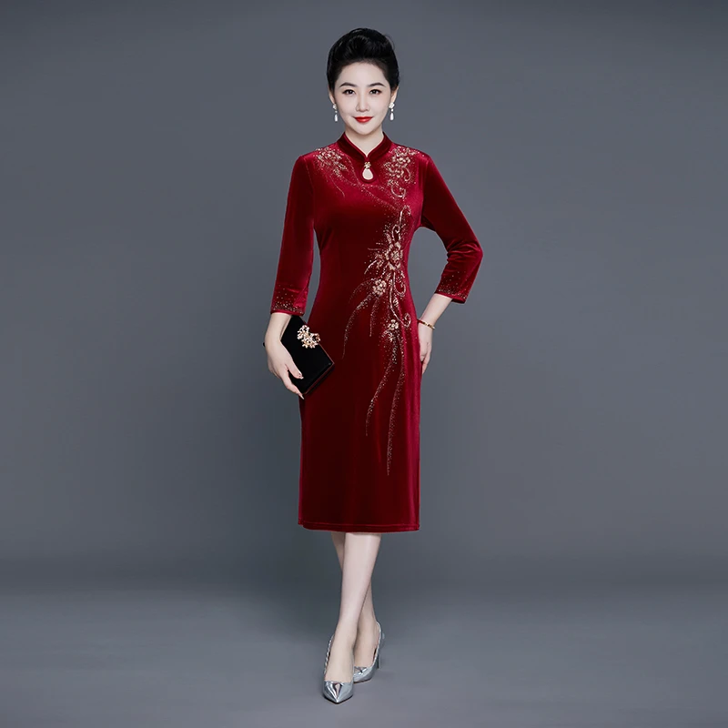 春秋女结婚喜婆婆办婚礼妈妈装中国风显瘦金丝绒婚礼旗袍婚宴礼服