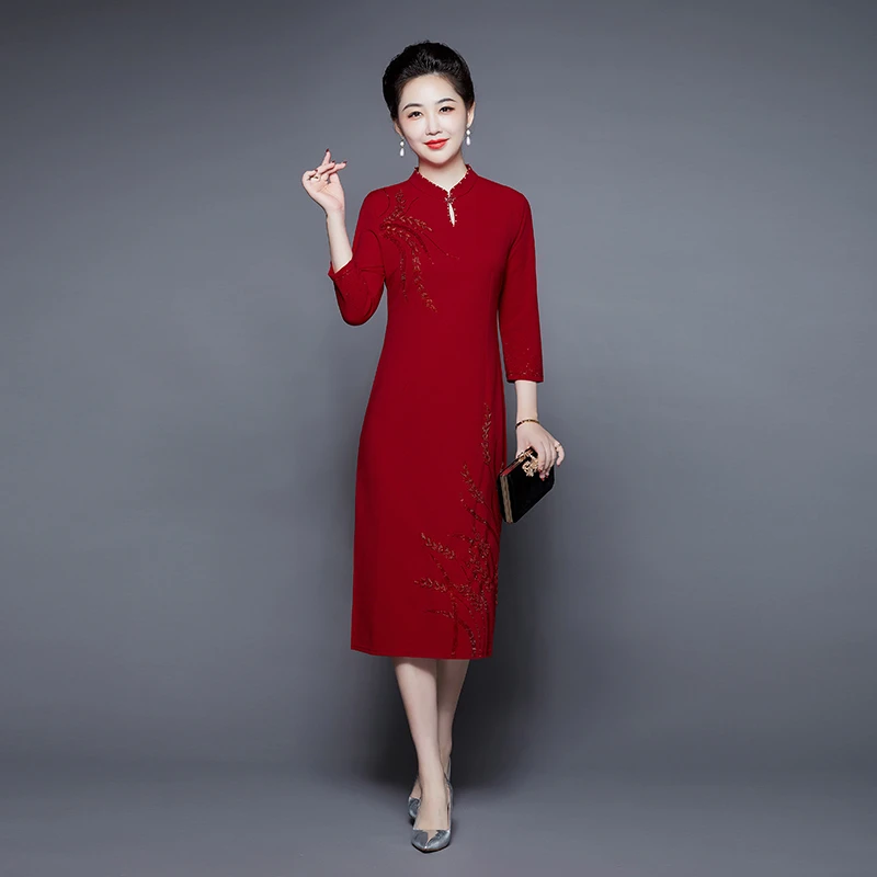 春秋女结婚妈妈装高档喜婆婆中国风喜庆婚礼旗袍裙婚宴礼服连衣裙