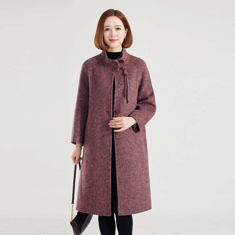 2024秋冬女妈妈复古气质厚款保暖长款高档手工双面呢大衣毛呢外套