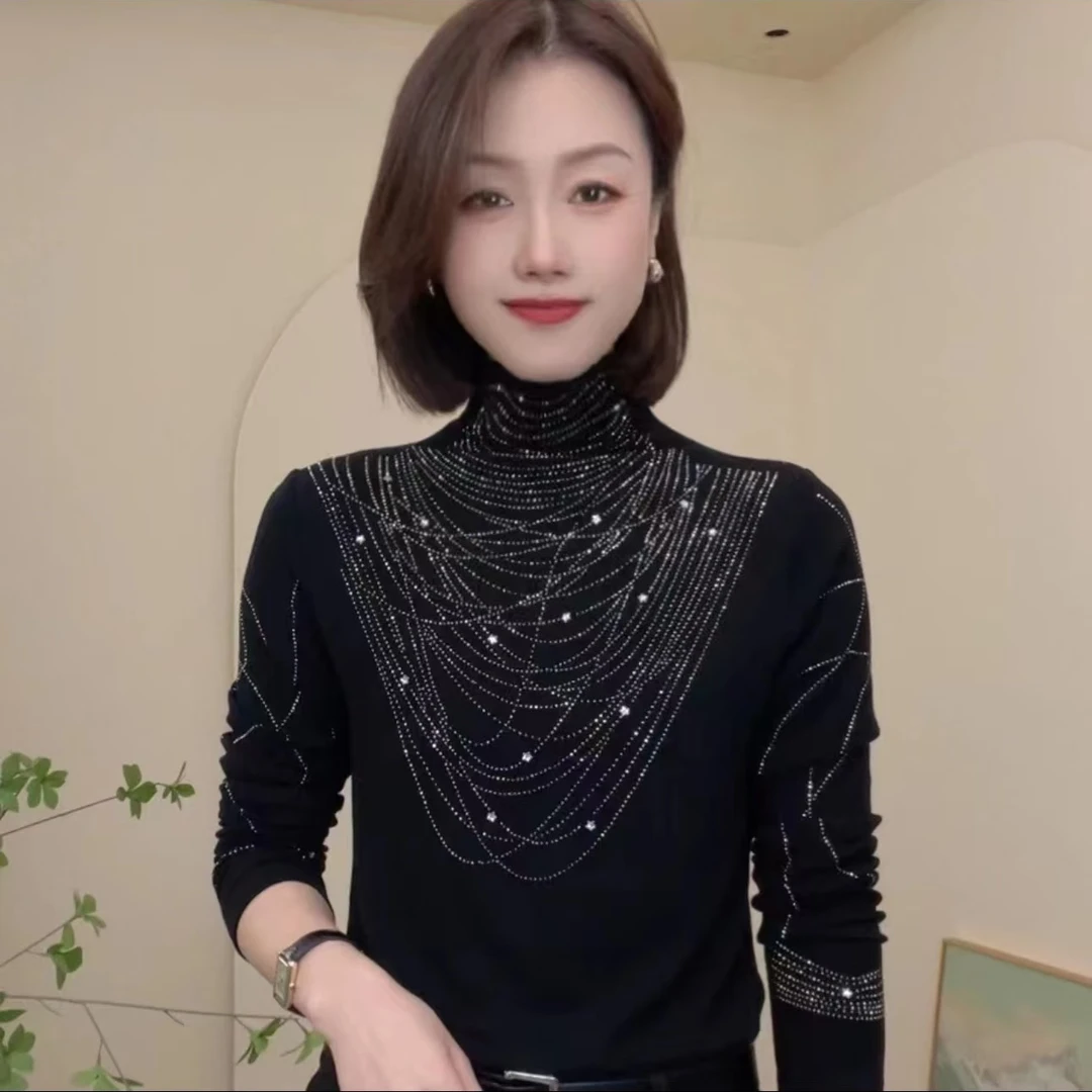 冬季新款德绒保暖半高领纯色烫钻长袖时尚T恤气质女士修身小衫