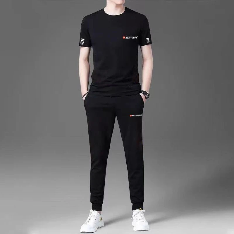 2025新款男士潮流宽松套装棉冰丝帅气青年男装短袖长裤薄款两件套