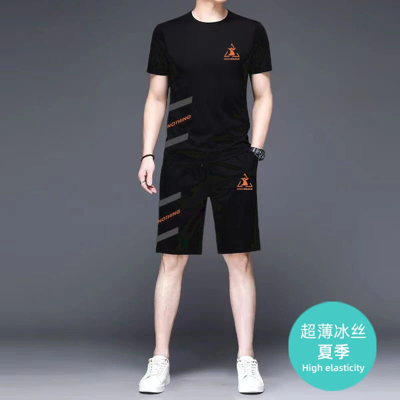 夏季运动套装男士t恤薄款速干冰丝宽松跑步休闲短裤短袖衣服恤男