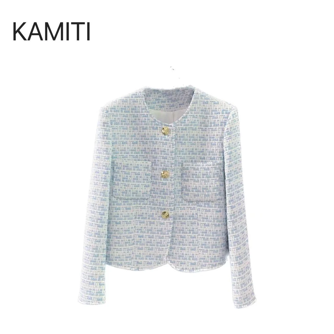 【克拉恋人】2024春季修身百搭法式粗花呢气质蓝色轻奢时尚小香外套