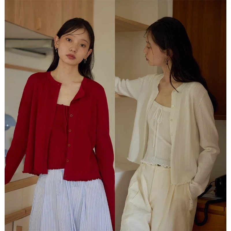 Nice people2025SS 天丝绢棉 钩花系带木耳边真两件开衫套装