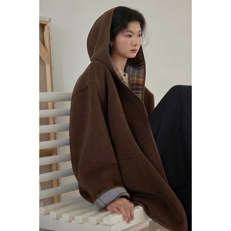 NICE PEOPLE实用主义双面穿 绵羊毛格子正反两穿连帽毛呢外套