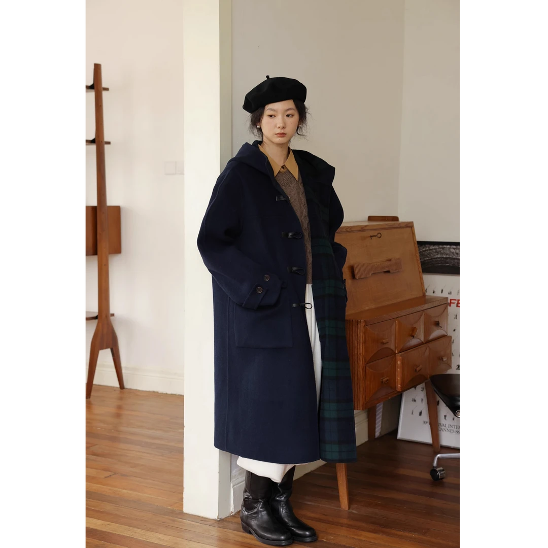 NICE PEOPLE莫蒂 秋冬复古格子双面穿牛角扣大衣