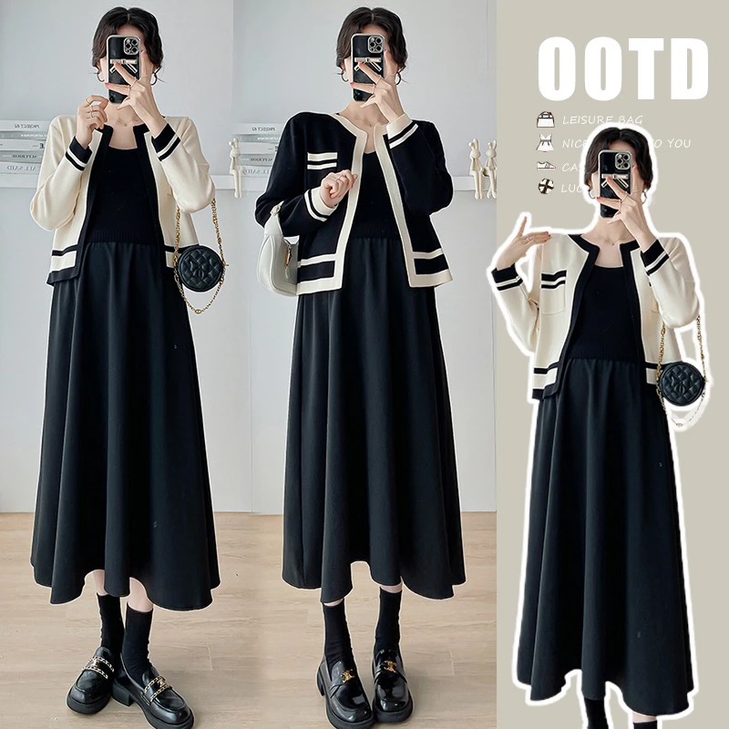 孕妇连衣裙套装2025秋款孕妇小香风气质套装开衫显瘦背心裙两件套