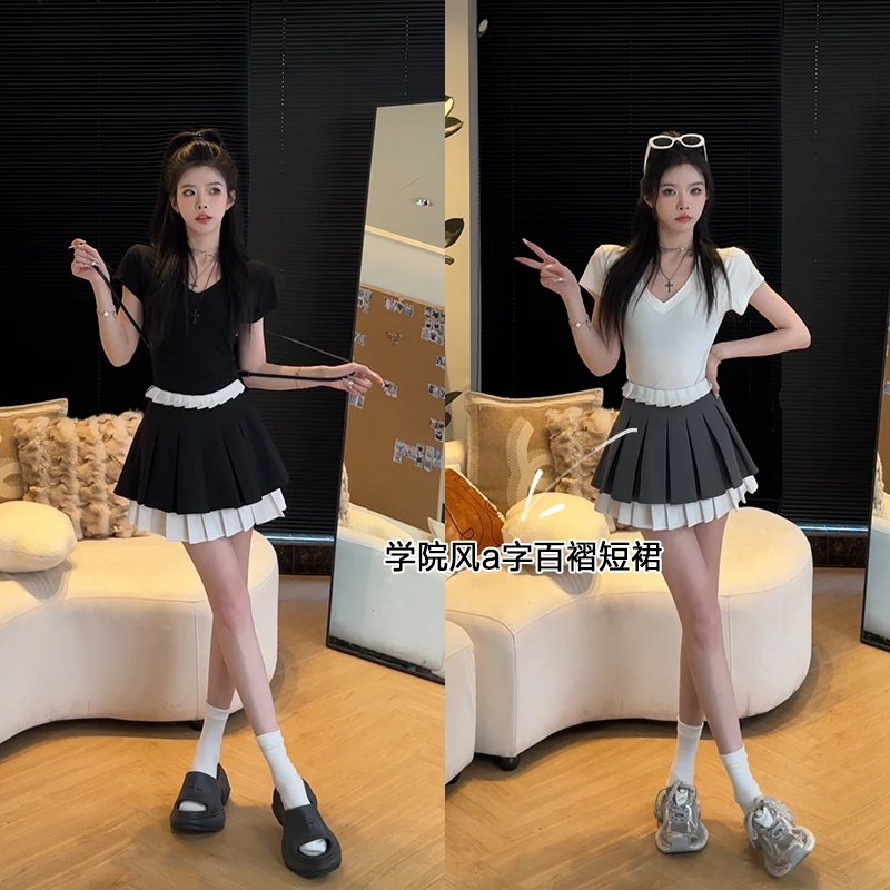 孙妍新款【预科百褶裙】春秋设计感减龄感学院风撞色高腰百褶短裙女