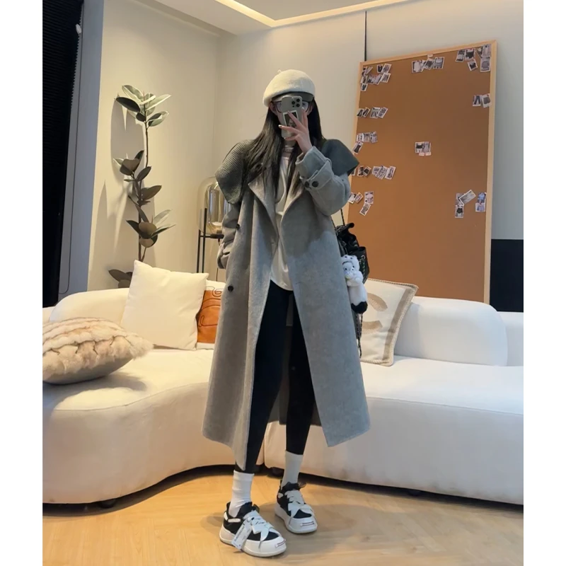 孙妍新款【纽尔顿大衣】设计感小众针织披肩拼接翻领中长款呢大衣