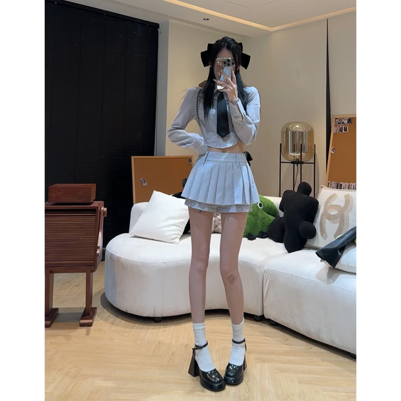 孙妍新款【诺丁条纹】学院风套装不规则长袖短款衬衫 百褶裙裤套