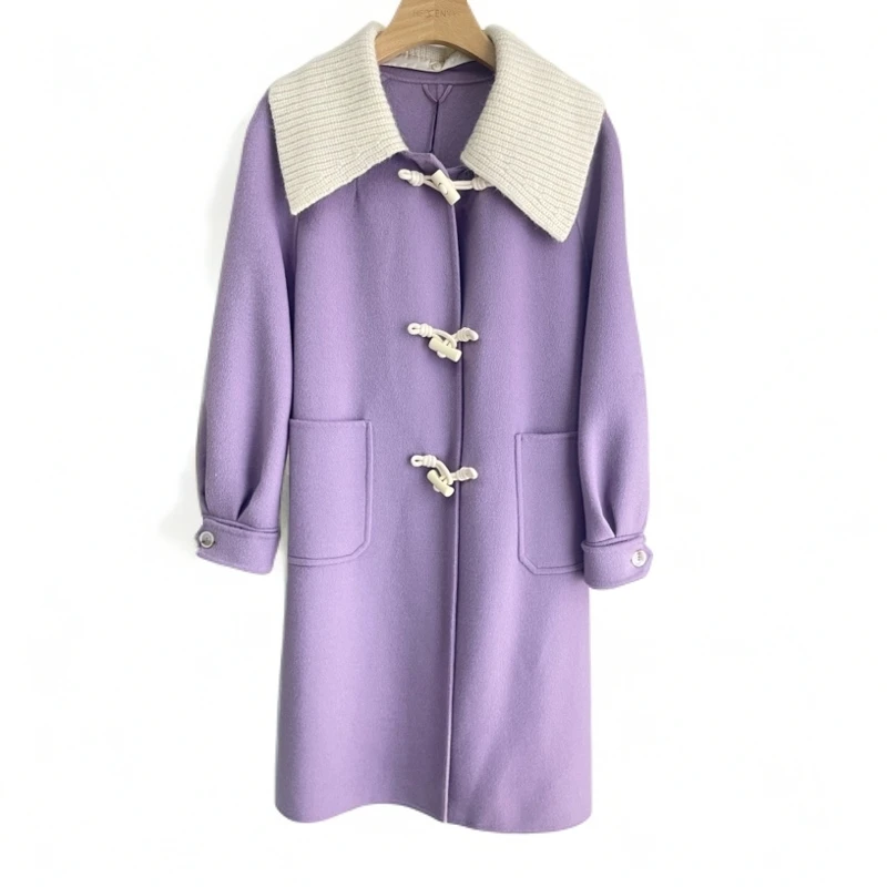 D911福利款3粉红色双面羊毛大衣秋冬女中长款韩系牛角扣毛呢外套