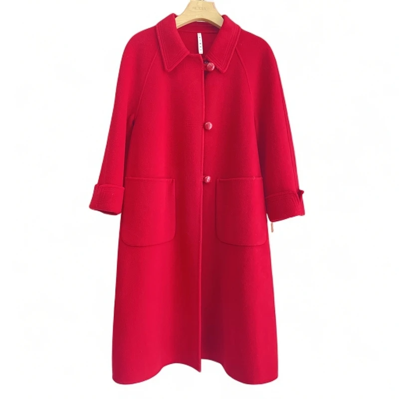 7216秋冬双面呢羊毛大衣女中长款时尚翻领娃娃领毛呢外套