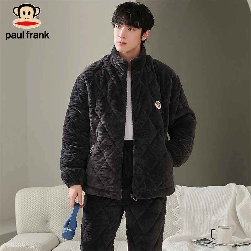 大嘴猴男士睡衣男冬季夹棉三层加厚加绒珊瑚绒男士家居服女可外穿