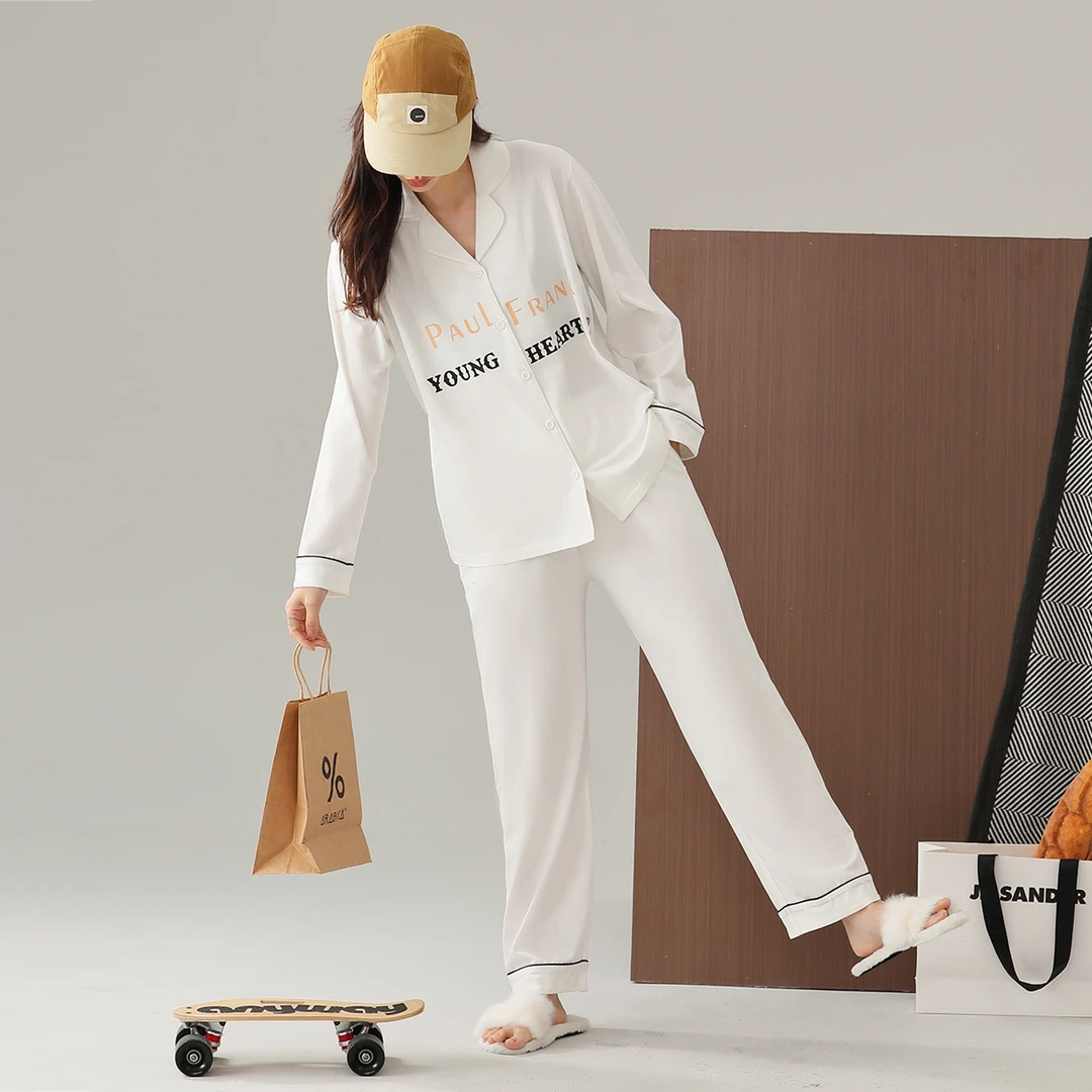 大嘴猴睡衣女士春秋季舒适莫代尔长袖开衫长裤休闲简约家居服套装