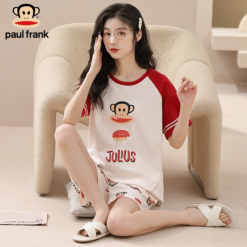 大嘴猴新款睡衣女夏季纯棉短袖全棉薄款卡通大码圆领家居服套装