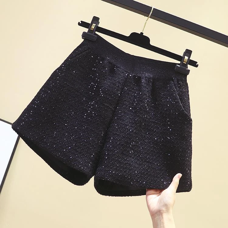 小香风粗花呢松紧腰阔腿短裤尺码2023秋冬亮片高腰显瘦a字靴裤厚
