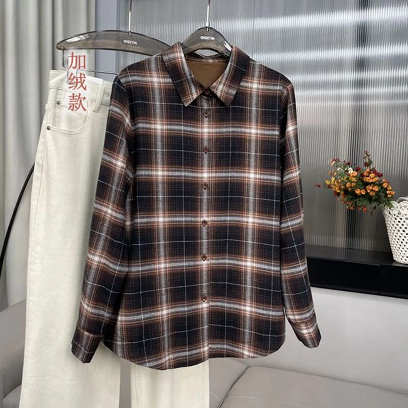 原里（黑金唱片）韩范秋冬加绒磨毛格子女衬衫休闲复古格纹女衬衣