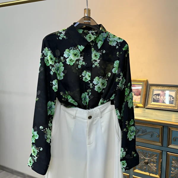 原里（新绿牡丹）时尚长袖碎花女衬衫气质减龄显瘦高级感印花女衬衣