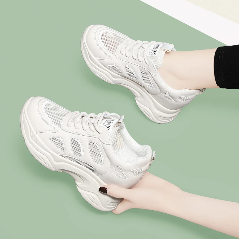 内增高透气网面老爹鞋女款2023夏季新款网面妈妈小白运动白色网鞋