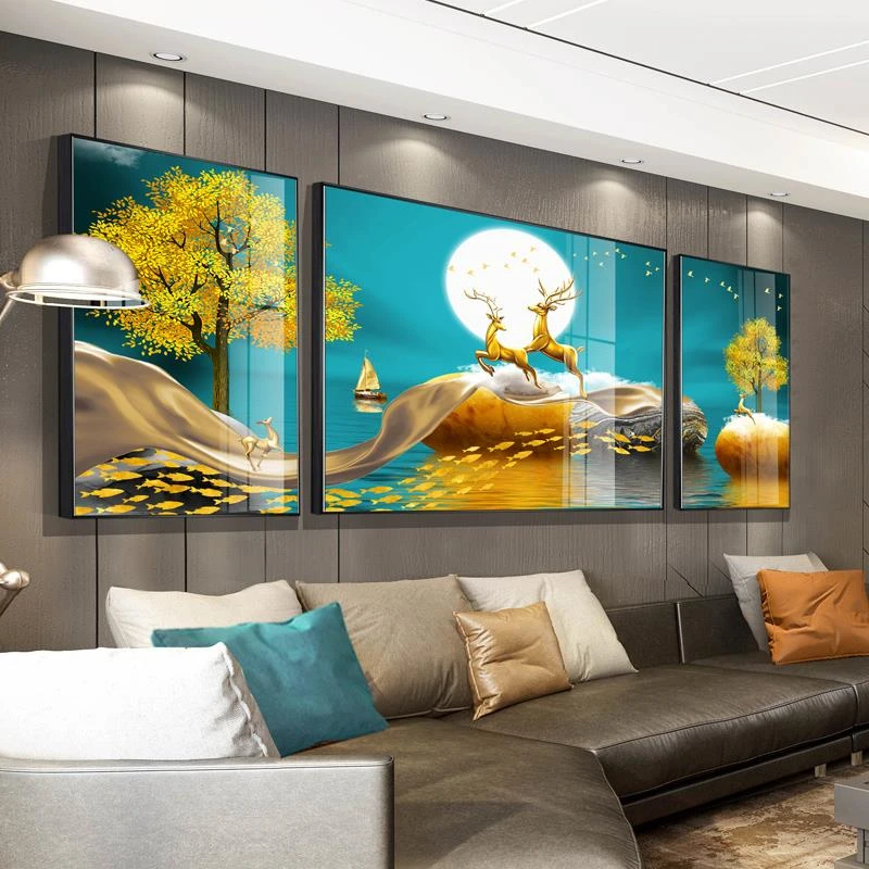 北欧现代装饰画沙发背景墙挂画轻奢镶钻客厅三联画晶瓷画墙面壁画