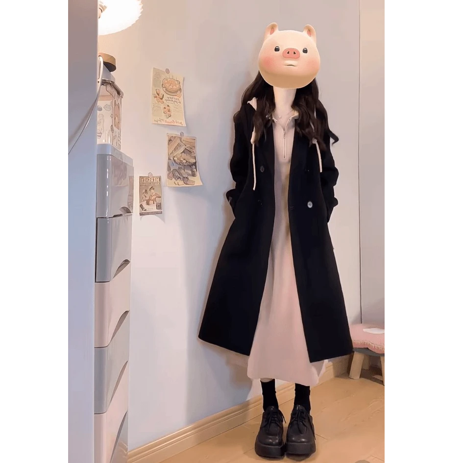 可可粉诞韩系高级感翻领西装风衣外套简约韩系粉色卫衣裙套装