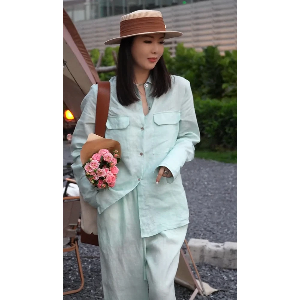 薄荷绿亚麻衬衫套装女春秋时尚休闲运动高级感棉麻裤子两件套减龄