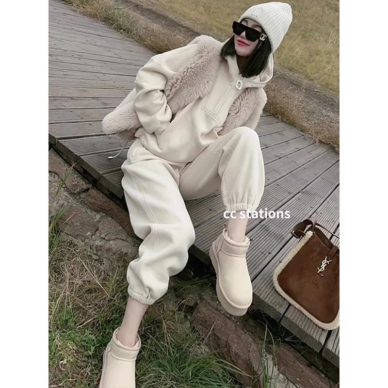 欧洲站2025秋冬新款时尚宽松显瘦连帽加绒卫衣束脚裤运动两件套女