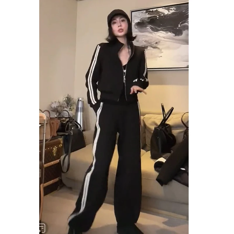 韩式炸街盐系运动套装女2024秋季新款时尚休闲显瘦黑色卫衣两件套