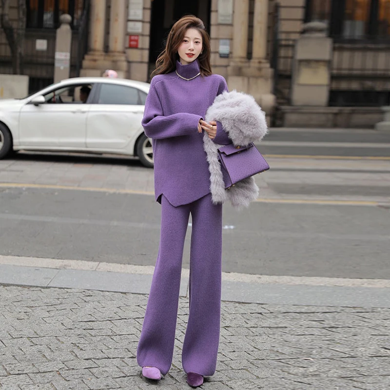 紫色小香风针织毛衣套装2025新款气质名媛高级感阔腿裤两件套女秋