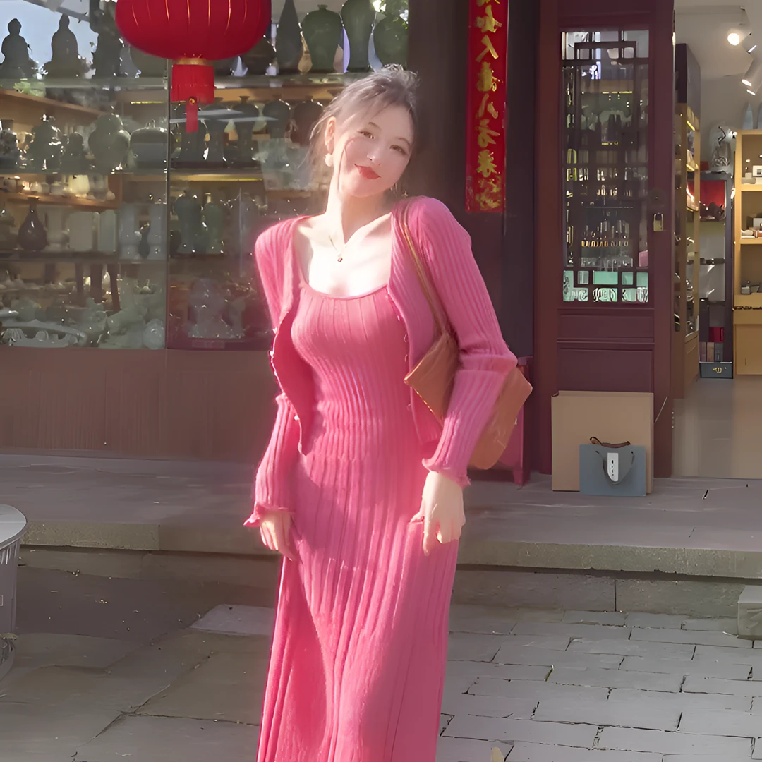 秋冬搭配一整套温柔奶乖女春秋显瘦气质针织吊带连衣裙开衫两件套