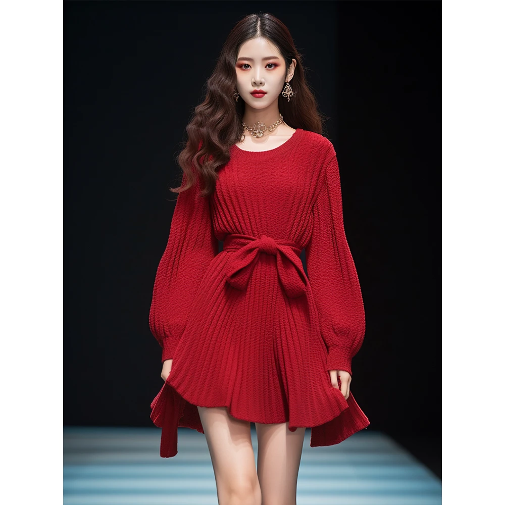 高端精致小香风高级感超好看新年过年战袍红色针织连衣裙新款秋装