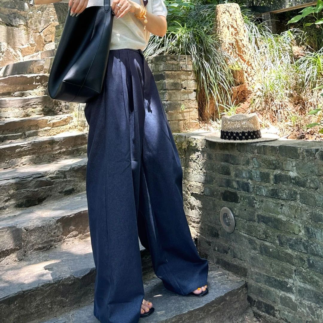小贝家2024早秋百搭阔腿休闲裤高腰宽松蓝色垂感直筒裤拖地牛仔