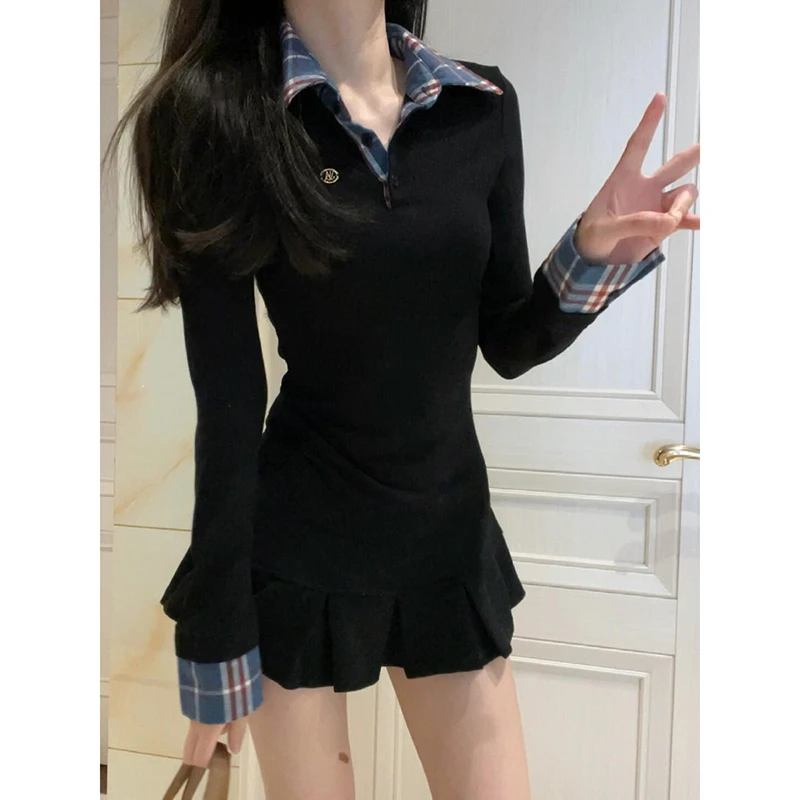 设计感polo领格纹拼接长袖T恤女秋季新款修身显瘦假两件上衣潮