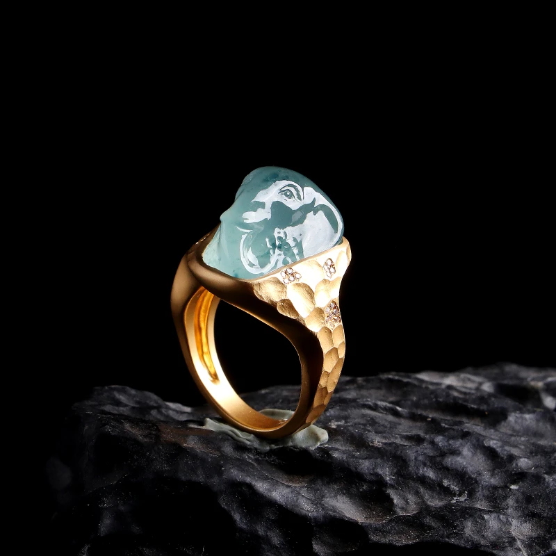 名玉艺术【吉祥如意】天然缅甸翡翠 18K金镶嵌 冰种飘花翡翠戒指