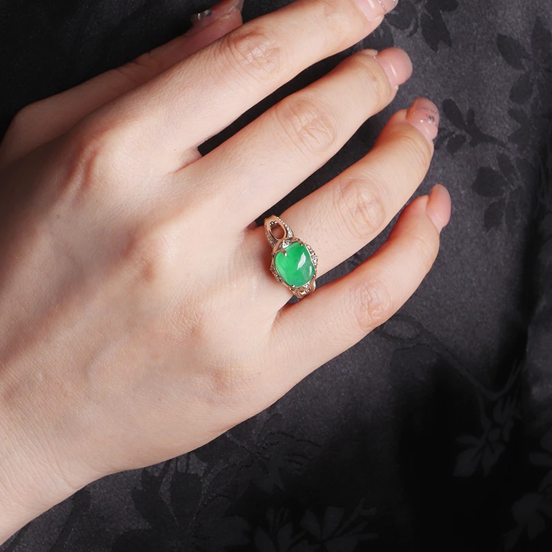 名玉艺术【中国结】天然缅甸翡翠 18K金镶嵌 冰种晴绿翡翠戒指